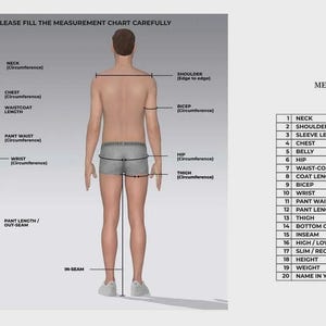 May include: Diagram illustrating body measurements for custom clothing. Includes front and back views of a person with labeled measurement points like neck, chest, and waist. A measurement chart in inches is also shown.