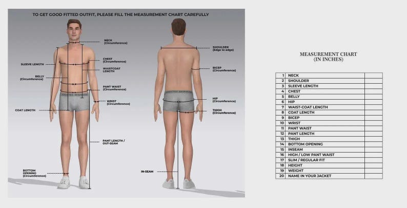 May include: Diagram illustrating body measurements for custom clothing. Includes front and back views of a person with labeled measurement points like neck, chest, and waist. A measurement chart in inches is also shown.