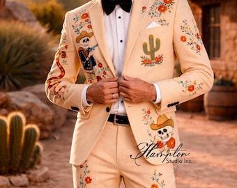 Beige Embroidered Suit Men, Skull Western Suit, Mariachi Inspired Suit, Wedding Suit Men, Designer Mens Suit, Statement Formal Wear