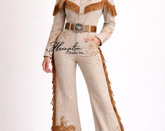 Western Fransen Jumpsuit für Frauen, Cowgirl Outfit, Rodeo Western Wear, Beige bestickter Schlaghosenanzug, Country Konzert Outfit