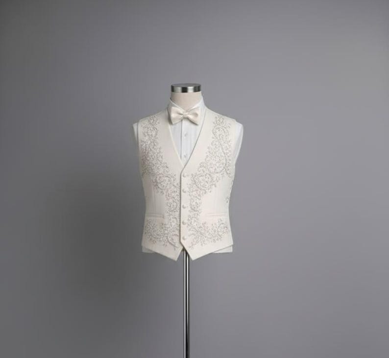 May include: Ivory vest and bow tie set on a mannequin. The vest features an intricate embroidered design in a lighter shade, with a matching bow tie. The ensemble is displayed against a gray backdrop, showcasing formal wear.