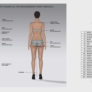 May include: Diagram illustrating body measurements for clothing fit. Includes front and back views of a person with labeled measurement points like neck, bust, and sleeve length. A measurement chart in inches is also present.