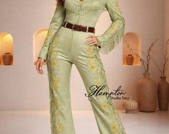 Tuta western verde con frange, completo da cowgirl da donna, completo western ricamato, completo per concerti country, completo da rodeo, abbigliamento western boho