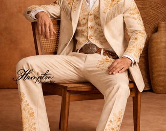 Western-Hochzeitsanzug für Männer, Bestickter Bräutigam Anzug, Beige Cowboy-Anzug, Rustikales Hochzeits-Outfit, Boho Western-Smoking, Designer-Herrenanzug