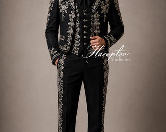 Zwart mariachi-pak heren, luxe Charro-pak, geborduurd trouwpak, Mexicaanse bruiloftsoutfit, western bruidegompak, handgemaakte mariachi-tuxedo