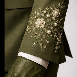 May include: Olive green suit jacket sleeve with intricate floral embroidery in gold and pearl beads. The sleeve features a white cuff and is paired with a matching green leather glove. The Hampton Studio Inc. logo is visible.