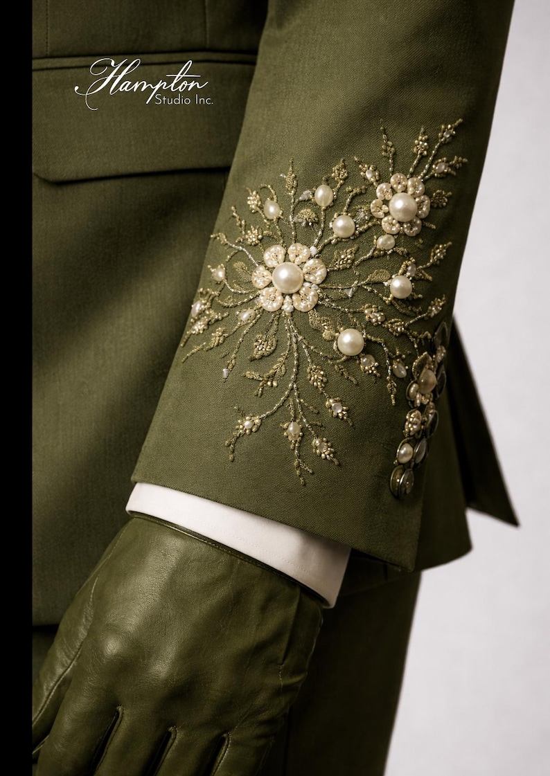 May include: Olive green suit jacket sleeve with intricate floral embroidery in gold and pearl beads. The sleeve features a white cuff and is paired with a matching green leather glove. The Hampton Studio Inc. logo is visible.