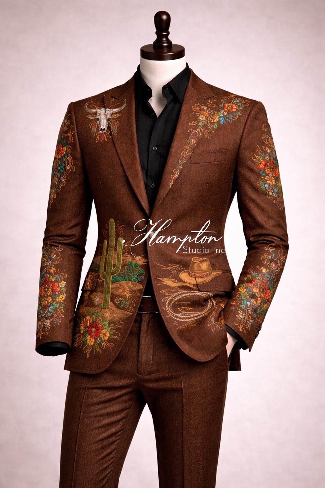 Brown Western Embroidered Suit Men, Cowboy Style Floral Blazer Set ...