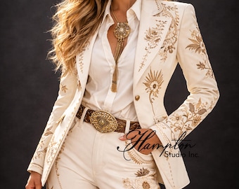 Luxury Embroidered Western Women’s Suit - Ivory Custom Cowgirl Wedding Suit - Floral Gold Stitch Boho Bridal Tuxedo