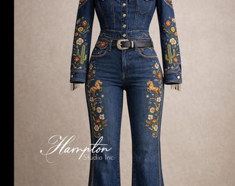 Women’s Embroidered Western Denim Suit, Cowgirl Shirt and Flare Pants Set, Country Western Outfit, Rodeo Fashion Suit
