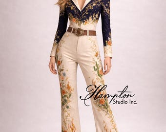 Himmlischer bestickter Frauen-Jumpsuit, Luxus-Western-Anzugsset, Hosenanzug mit Blumengoldstickerei, Designer-Statement Outfit, Boho Chic Outfit