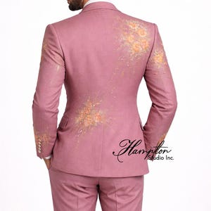 Blush Pink bestickter Herrenanzug, Blumenhochzeitsanzug Bräutigam, Designer 3-teiliger Anzug, Luxusmenswear, Statement Formelle Anzug Set Bild 4