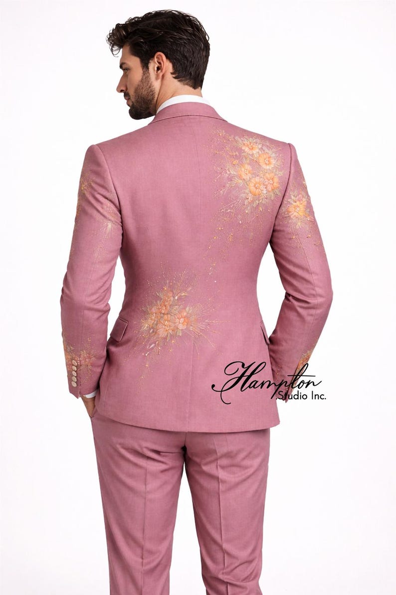 Blush Pink bestickter Herrenanzug, Blumenhochzeitsanzug Bräutigam, Designer 3-teiliger Anzug, Luxusmenswear, Statement Formelle Anzug Set Bild 4