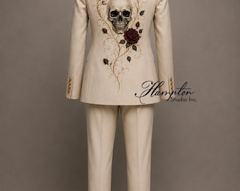 Luxus Ivory Bestickter Herrenanzug, Gothic Rose Blazer mit Totenkopf Stickerei, Handgefertigter Designer Hochzeitsanzug
