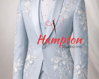 Light Blue Embroidered Wedding Tuxedo for Men – Luxury Floral Groom Suit with Shawl Lapel, Custom Formal Wear