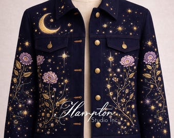 Navy Himmlische gestickte Jacke, Mond und Stern Blumenjacke, Designer Statement Jacke, gestickter Luxusmantel
