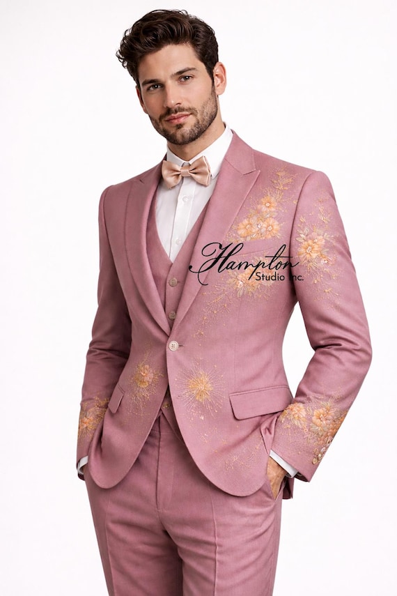 Blush Pink Embroidered Men Suit, Floral Wedding Suit Groom, Designer 3 Piece Suit, Luxury Menswear, Statement Formal Suit Set