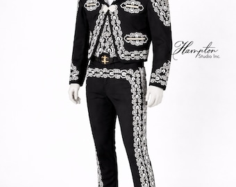 Schwarz Silber Charro Anzug für Männer, Mariachi Hochzeitsanzug, Bestickter mexikanischer Anzug, Luxusbräutigam Outfit, Traje de Charro, Maßanzug