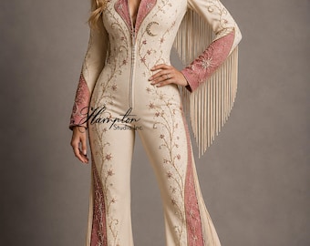 Vintage Western Stage Jumpsuit für Frauen, rosa Strass bestickter Fransen Jumpsuit, Country-Musik Performance Outfit, Rodeo Glam Kostüm