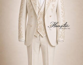 Ivory Hochzeitsanzug Herren | Gestickter Bräutigam Anzug | Luxus zweireihiger Smoking | Handgemachte Hochzeitsanzug | Formeller Empfangsanzug |