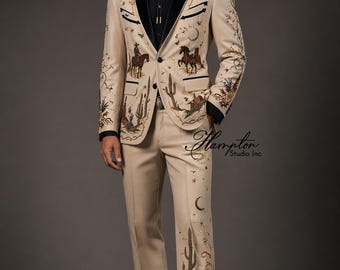 Western bestickter Anzug Männer, Cowboy Anzug Set, Beige Western Blazer Hose, Rodeo Outfit Männer, Landhochzeitsanzug, Ranch Style Outfit