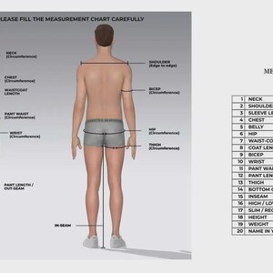 May include: Diagram illustrating body measurements for custom clothing. Includes front and back views of a person with labeled measurement points like neck, chest, and waist. A measurement chart in inches is also shown.