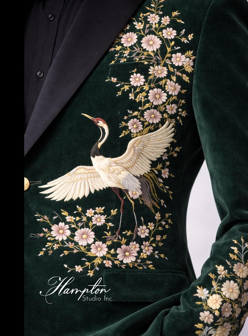 May include: Dark green velvet blazer with an embroidered crane and floral design. The crane has white wings, a black and red head, and is surrounded by pink and gold flowers. The blazer has a black lapel and a gold button.