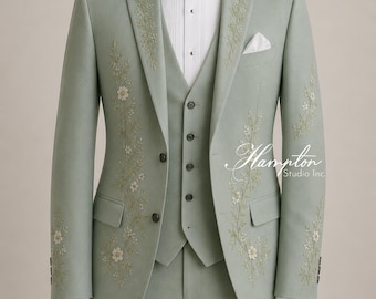 Sage Green Embroidered Wedding Suit for Men | 3 Piece Bespoke Groom Suit | Handmade Floral Embroidery Tuxedo | Luxury Wedding Reception Suit