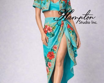 Conjunto floral turquesa de dos piezas: chaqueta tropical con top corto y falda cruzada con abertura alta. Conjunto de lujo para mujer con estilo resort.