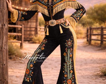 Black Western Fringe Jumpsuit, Cowgirl Outfit Women, Embroidered Rodeo Outfit, Country Concert Jumpsuit, Boho Western Clothing