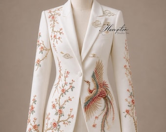 Bestickter weißer Luxusblazer, Phoenix Bird Embroidery Jacke, Couture Floral Blazer, Statement Hochzeitsblazer, Designer Damenanzug