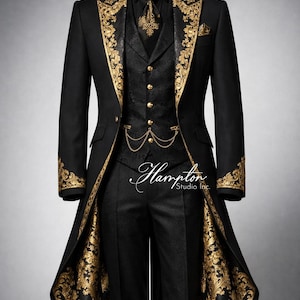 Luxury Black Gold Embroidered Tailcoat Suit for Men, Royal Wedding Tuxedo, Groom Designer Suit, Baroque Floral Blazer, Victorian Tailcoat