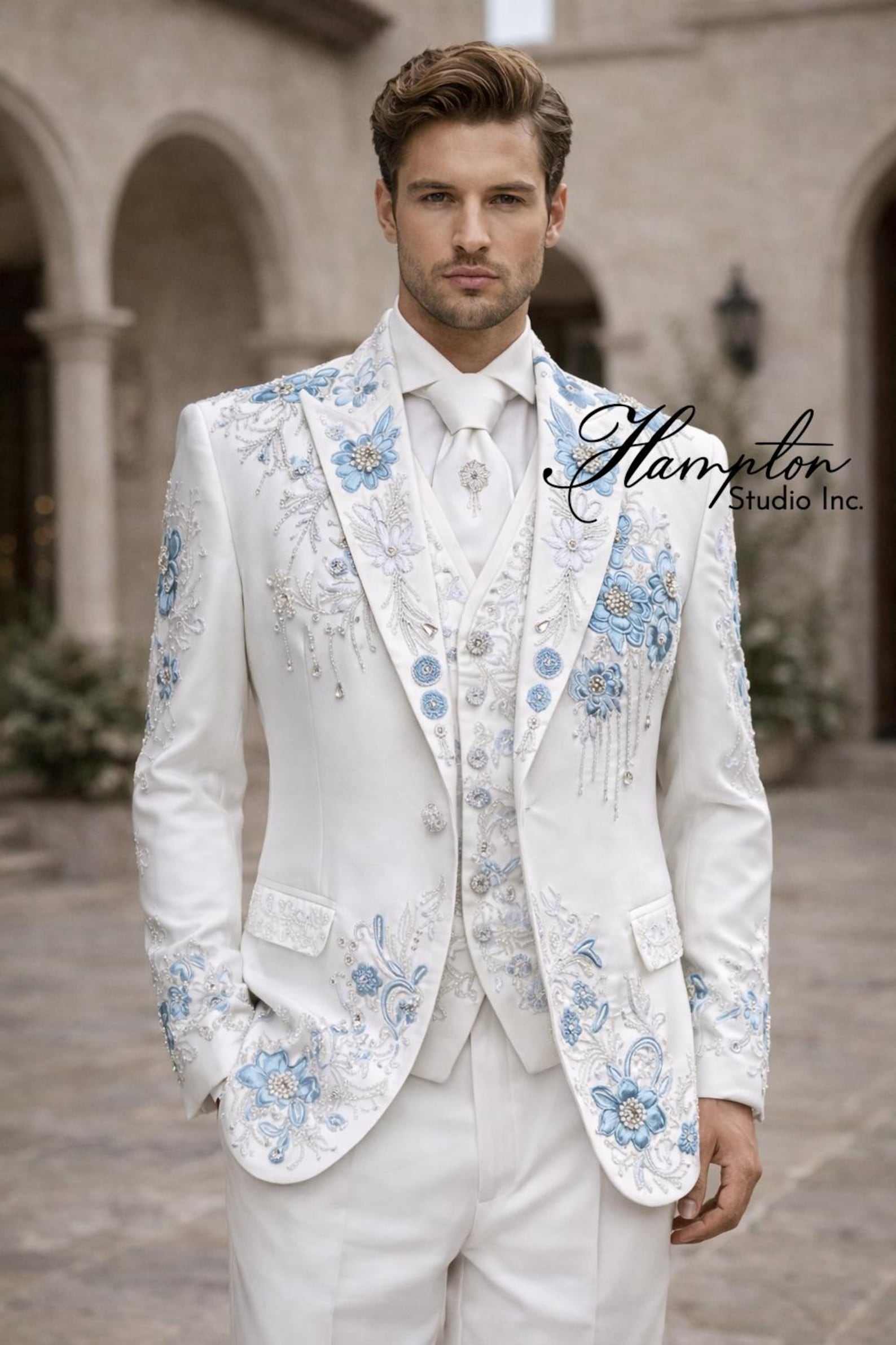 Luxury White Embroidered Wedding Suit for Men, Floral Groom Suit