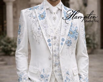 Weißer bestickter Luxushochzeitsanzug für Männer, Bräutigamanzug mit Blumenmuster, Hochzeitskleid, Hochzeitsanzug, Hochzeitsanzug
