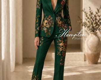 Grüner bestickter Anzug Frauen, Schädel-Blumen-Hosenanzug, Designer-Blazer-Set, formeller Anzug Frauen, Statement-Outfit, Luxus-Hosenanzug