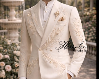 Ivory Embroidered Double-Breasted Wedding Suit – Hand Embellished Designer Tuxedo Blazer