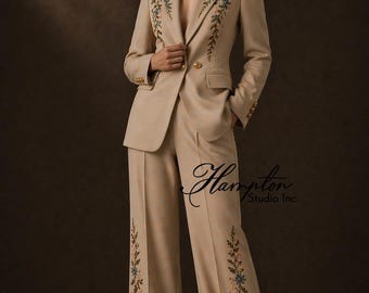 Women Embroidered Pantsuit, Beige Suit Set Women, Bridal Suit Women, Formal Blazer Set, Wedding Outfit Women, Elegant Trouser Suit