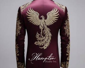 Luxury Maroon Embroidered Phoenix Suit for Men | Designer Wedding Groom Outfit | Royal Gold Hand Embroidered Statement Suit
