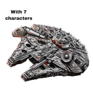 May include: A detailed gray plastic building block model of a starship featuring a circular hull, a cockpit on the side, and a radar dish. The text "With 7 characters" is visible above the model, which has intricate mechanical surface textures.