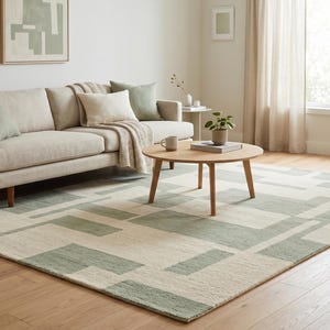 Modern Sage Green Geometric Nursery Rug | Modern Woodland Stuffed Animal Art & Book Display | 8x10 Handmade Toy Organizer