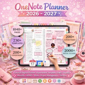 Planejador OneNote 2026-2027, Planejador Digital Colorido, Modelo com Hiperlinks, Planejador Diário, Semanal e Mensal, Planejador de Projetos de Trabalho para Pessoas com TDAH