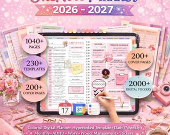 Planificador de OneNote 2026-2027, Planificador digital colorido, Plantilla con hipervínculos, Planificador diario, semanal y mensual, Gestor de proyectos laborales para personas con TDAH