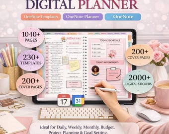 Planificador digital todo en uno, plantillas de OneNote, planificador diario, semanal y mensual, planificador de presupuesto, planificador de proyectos y definición de objetivos.