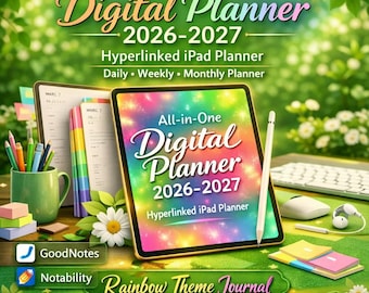 Planificador digital todo en uno 2026-2027, planificador para iPad con hipervínculos, planificador diario, semanal y mensual, GoodNotes y Notability, diario con temática arcoíris