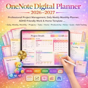 Planificador digital de OneNote 2026-2027, Planificador de gestión de proyectos, Planificador diario, semanal y mensual, Productividad en el trabajo y en casa para personas con TDAH