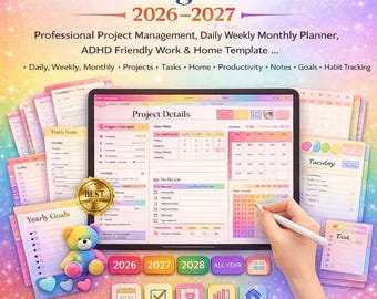 Planificador digital de OneNote 2026-2027, Planificador de gestión de proyectos, Planificador diario, semanal y mensual, Productividad en el trabajo y en casa para personas con TDAH