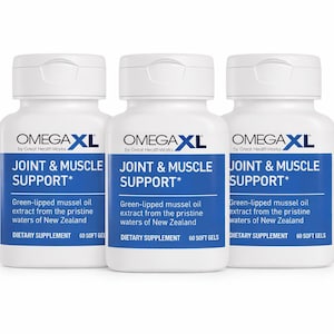 May include: Three white supplement bottles with blue labels. The labels read "OMEGA XL JOINT & MUSCLE SUPPORT" and include text about green-lipped mussel oil. Each bottle contains 60 soft gels and is a dietary supplement.
