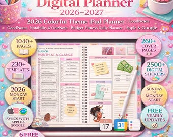 Planificador digital todo en uno 2026-2027, planificador colorido para iPad, planificador diario, semanal y mensual, GoodNotes Notability OneNote, Apple Google