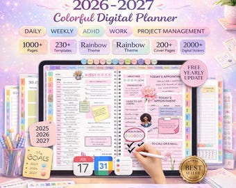 Planificador de OneNote 2026-2027, Planificador digital colorido, Planificador diario y semanal, Planificador de trabajo para personas con TDAH, Plantilla de gestión de proyectos
