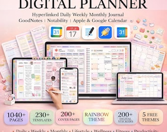 Planificador digital todo en uno, planificador con hipervínculos para iPad, diario semanal y mensual, planificador GoodNotes Notability, calendario de Google para Apple.